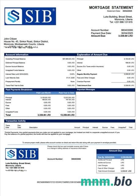Liberia Sapelle International Bank Liberia Limited wyciąg z kredytu hipotecznego szablon Word i PDF